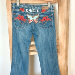 Vigross Premium Embroidered Flare Wide Leg Jeans 5/6 Boot cut Butterfly Love